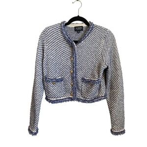 J.Crew Collection Blue‎ White Fringe Tweed Cropped Lady Jacket Size XS